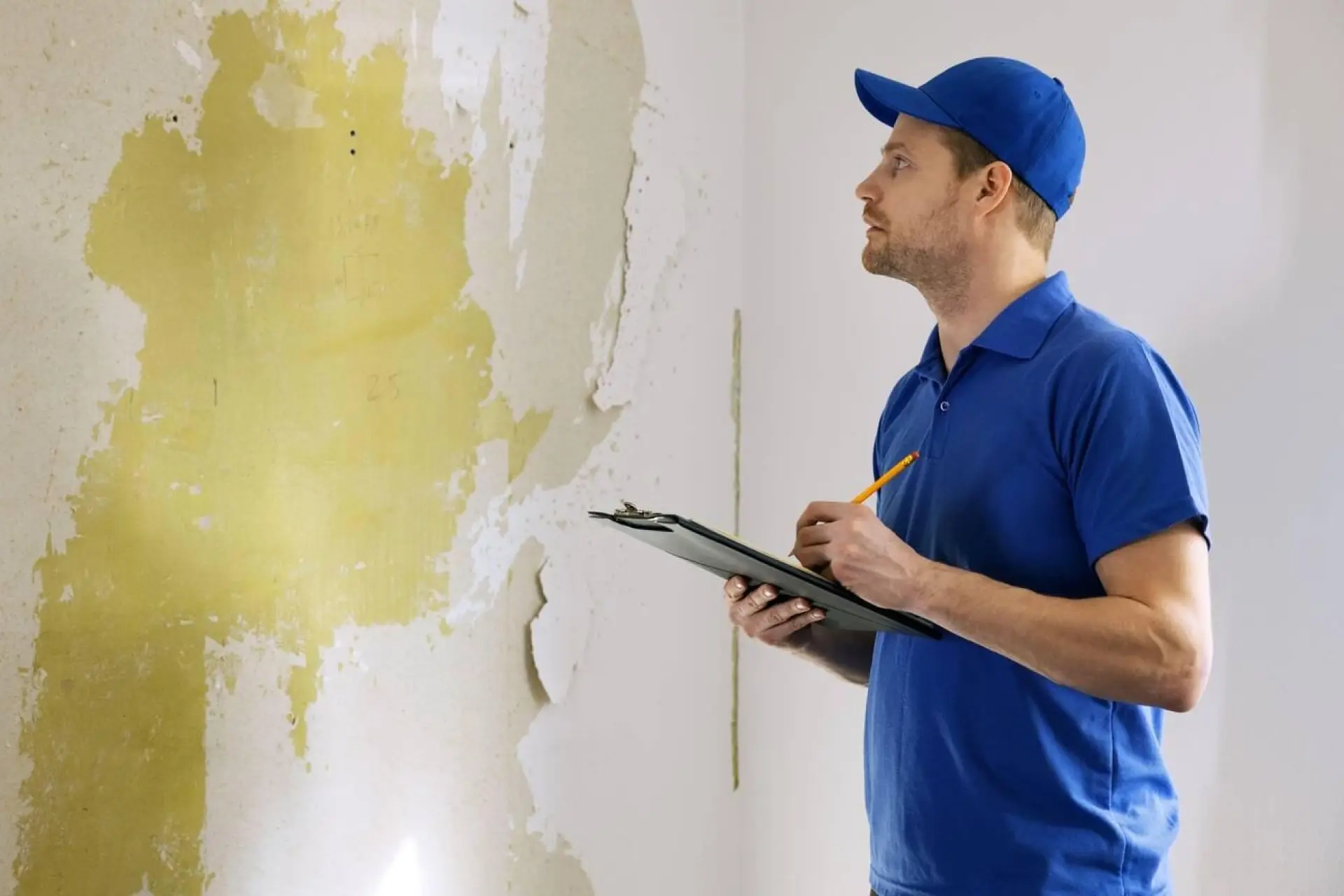 Inspecteur de bâtiment en uniforme bleu contrôlant l'état d'un mur pendant une rénovation